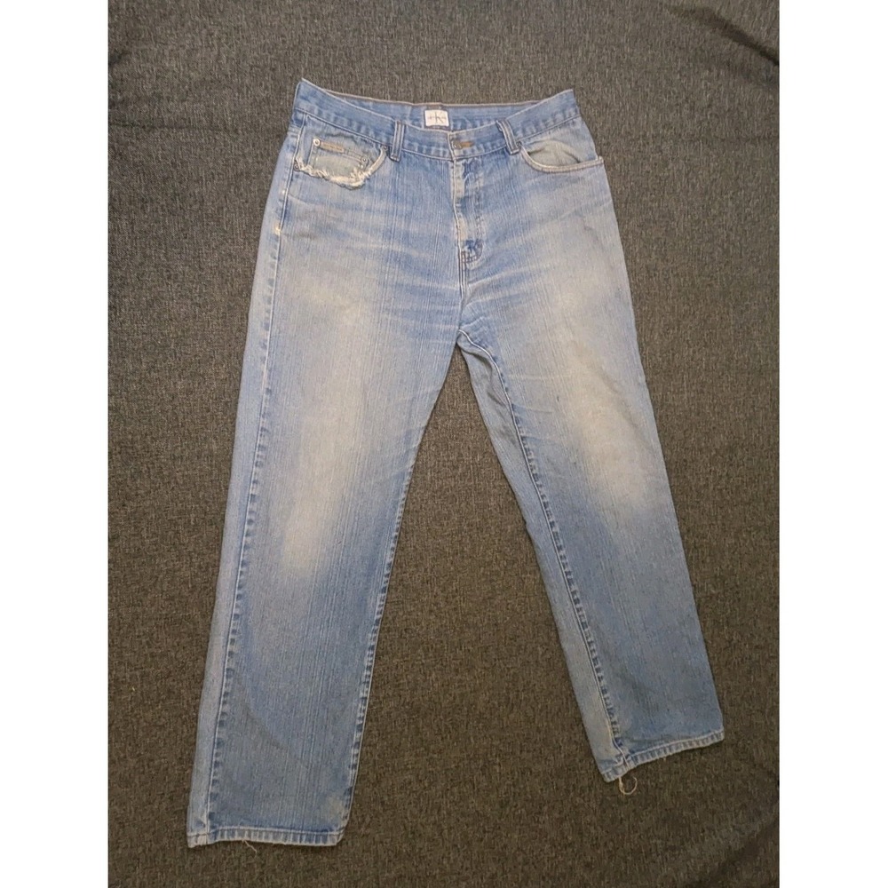 Calvin Klein Jeans Mens 34x32 Blue Straight Leg Distressed Cotton Denim Jeans